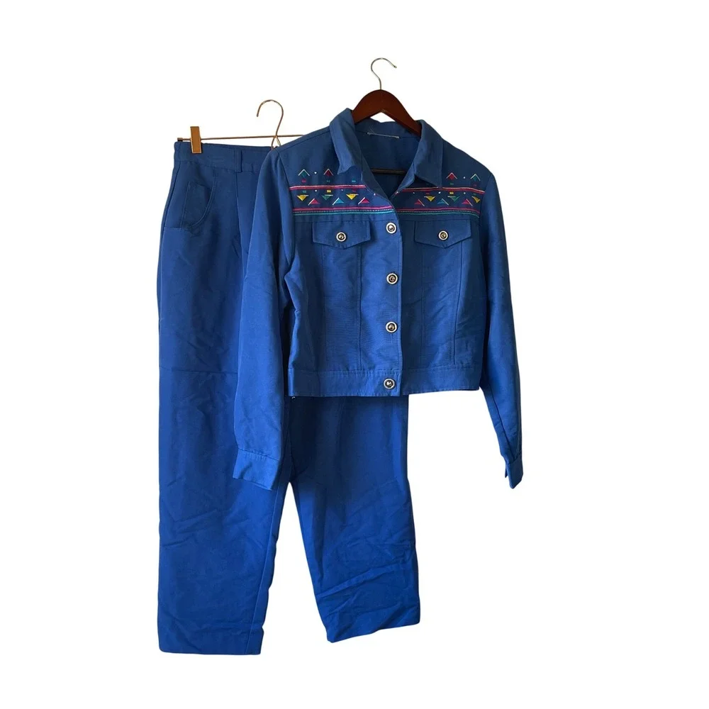 Vintage Royal Blue 2 Piece Set Embroidered Cropped Jacket High Waist Pants‎ M
